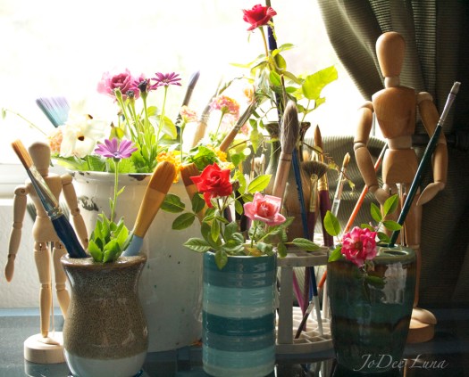 Flowers, Paint Brushes, and Drawing Figurines